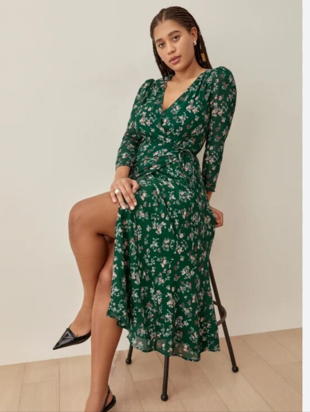 Reformation Melba Green Floral Midi Wrap Dress
